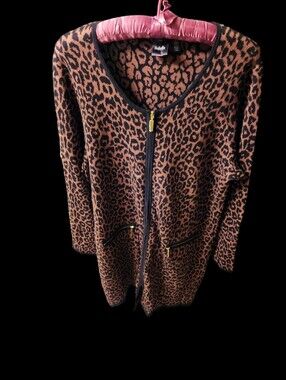 Rafaella Brown And Black Leopard Zip-Front Cardigan Dress